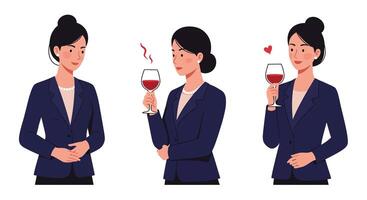 Professional woman enjoying wine in three frames with flat art style vector