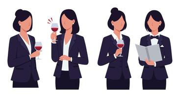 Businesswoman enjoying wine and transitioning to reading menu in flat illustration vector