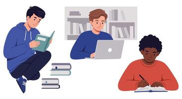 Three students engaged in different studying activities in flat art vector
