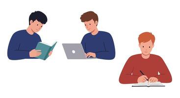 Three students engaged in different activities flat illustration vector