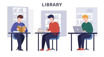 Library scene with three students reading, studying, and using laptop in flat art vector