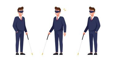 Blindfolded man navigating with cane in flat art style vector