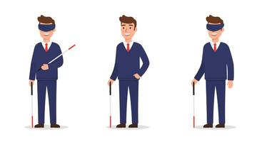 Blind man using cane in flat design illustration style showcasing three different frames vector