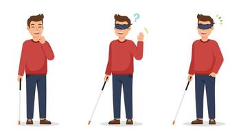 Blind person navigating obstacles with cane in flat art style vector