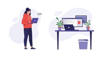 Woman coding on a laptop with desktop setup in flat art vector