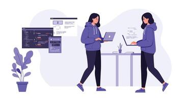 Person working on laptop in two frames with minimal design style illustration vector