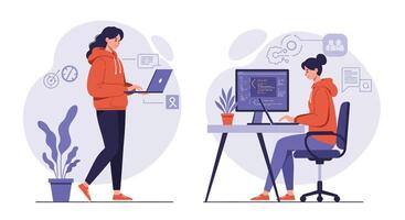 Person using laptop in casual outfit transitioning to working at desk illustration vector