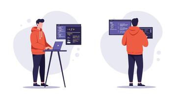 Person using laptop in flat design, transitioning to standing with monitor, illustration vector