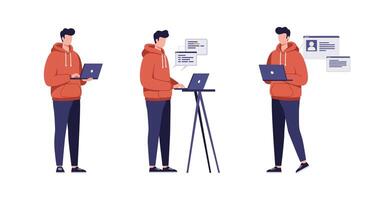 Young man working on laptop in flat art style with evolving poses and interactions vector