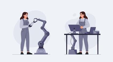 Robot interaction scene with female engineer in flat art vector