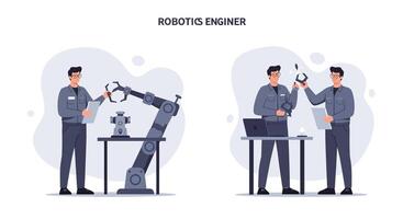 Robotics engineer analyzing robotic arm design in minimal art vector