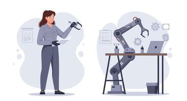 Woman interacting with robotic arm in a modern workspace flat illustration vector