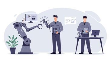 Robot arm assisting technician in flat design art and modern workspace illustration vector