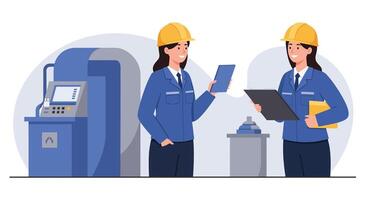 Two construction workers collaborating with tools in flat art illustration vector