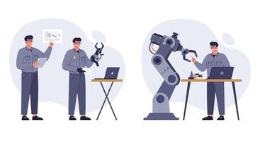 Robot interaction in modern workplace minimal illustration vector