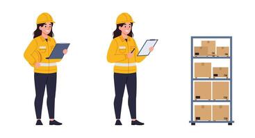 Warehouse worker with clipboard in flat art style transitioning to inventory check illustration vector