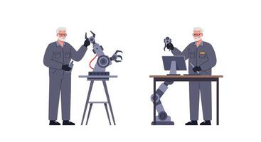 Senior engineer working with robotic arm in flat illustration vector