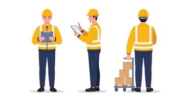 Construction workers in action with tools and packages in flat art vector