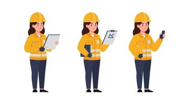 Construction worker in progress with tablet, clipboard, and smartphone in flat art vector