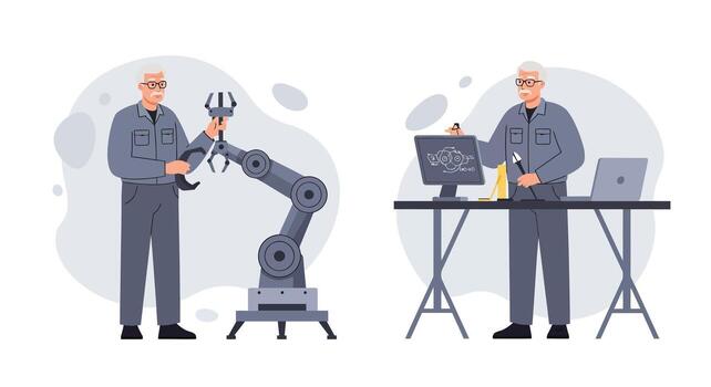 robot técnico trabajando con maquinaria y computadora en plano ilustración vector