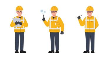 Construction worker character in flat design style showcasing three different poses in illustration vector