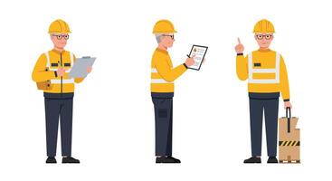 Construction worker in flat design style showing different tasks in art vector