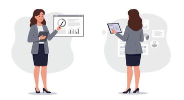 Professional woman transitioning from presentation screen to tablet in flat illustration vector