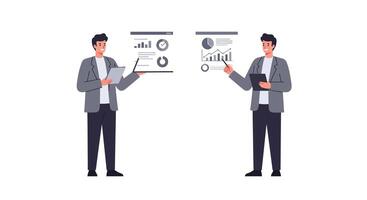 Professional man presenting data in two frames with flat design art vector