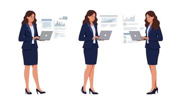 Professional businesswoman using laptop in flat illustration with data visualizations and graphs vector