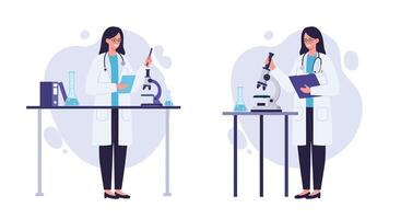 Scientist conducting experiments in a lab with detailed illustration vector