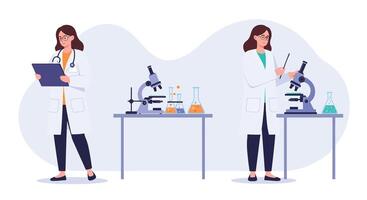 Scientist in lab coat working with equipment in flat illustration vector