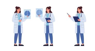 Doctor examining brain scans in flat illustration style with notes in hand art vector