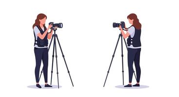 Photographer using a camera on a tripod in flat art vector