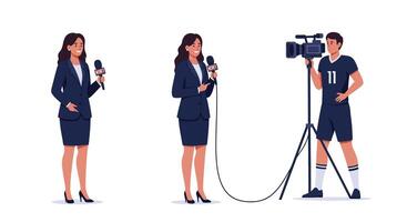 News reporter in action with camera operator, flat illustration of broadcasting scene vector