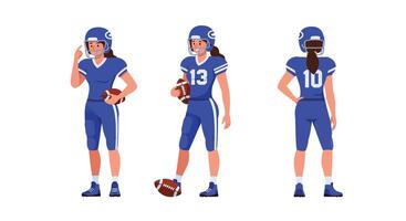 Female football player in various poses with flat design style art vector
