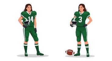 Female football player in green uniform, flat design, showcasing dynamic action, illustration vector