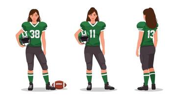 Female football player character design in flat style showcasing three different poses art vector