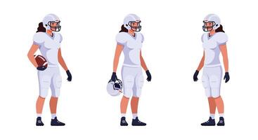 Football player in action poses with helmet and ball in flat illustration vector