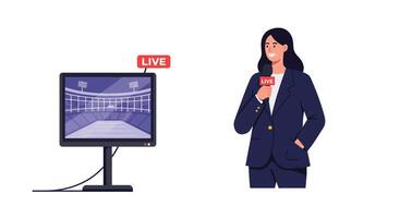 News reporter presenting live broadcast with digital screen in flat art vector