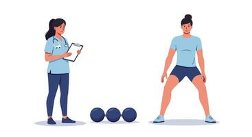 Fitness trainer assisting client with workout routine in flat art vector