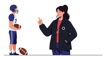 Football player and coach in flat illustration style with dynamic poses and colors art vector