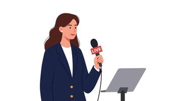 Woman holding microphone in professional attire flat art vector