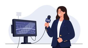 Female reporter holding microphone in front of monitor flat art vector