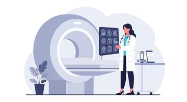 Doctor analyzing MRI results in minimal style illustration vector