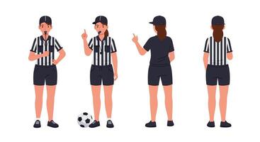 Female soccer referee character in flat design showing different poses in art vector