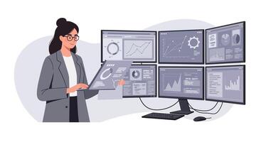 Businesswoman analyzing data on multiple screens in a flat art style vector