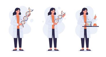 Scientist character performing experiments in flat art style transitioning between frames vector