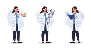 Scientist conducting experiments in flat art style showcasing various research activities in three frames vector