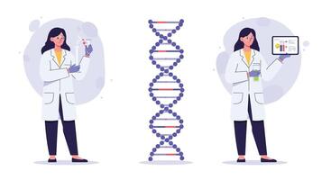 Scientist holding test tube and tablet with DNA structure in flat art vector