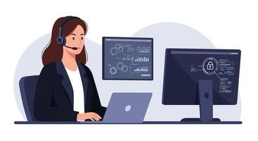 Professional woman working at a computer desk in flat art vector